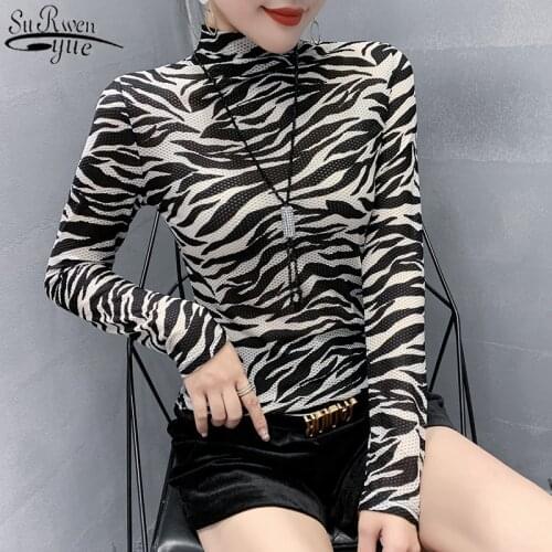 2021 New Sexy Long Sleeve Shirt Women Zebra Stripe Slim T-shirt Women Turtleneck Top Female Cool Girls Hippop Streetwear 11369