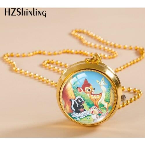 2021 New Arrival Gold Color Pocket Watch Bambi Cartoon Glass Cabochon Pendants Fashion Jewelry Necklace