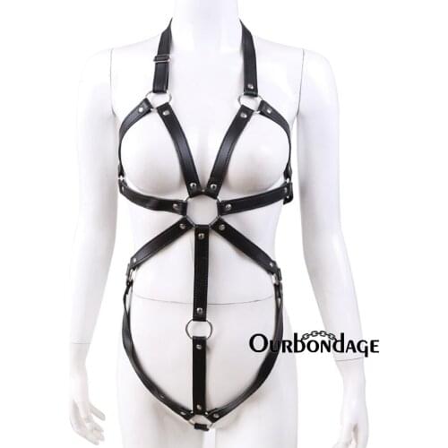 Ourbondage Women Harness BDSM Bondage PU Leather Crossed-Shape Body Chest Harness Strap With Pant Strap For Women Sex Toys