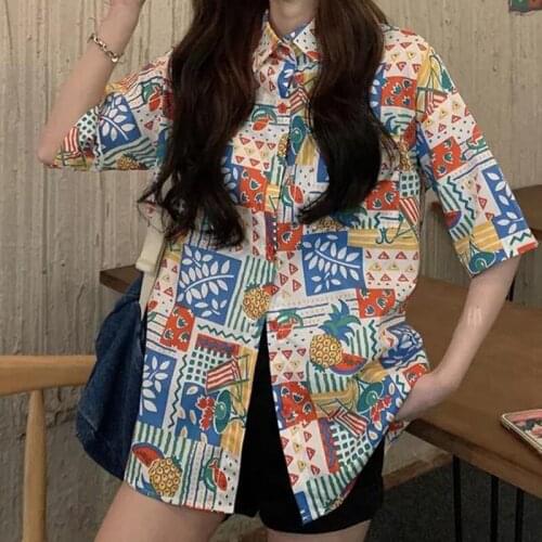 Hawaii Beach Print Loose Women-blouses Streetwear Button Up Shirt Short Sleeve Casual Women Shirts Blouses 2021Summer Tops Mujer