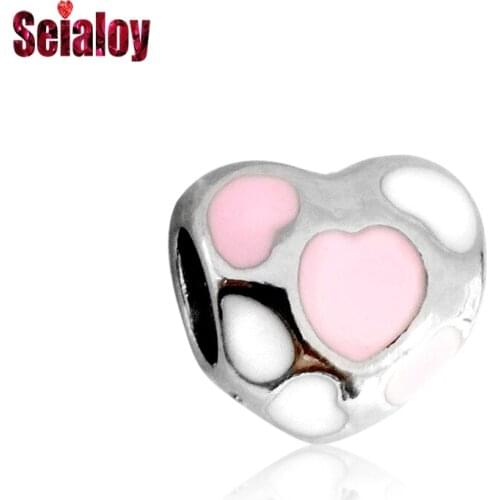 Seialoy Fashion Pink Heart Beaded Charm Fit Brands Bracelet Bangle Accessories Original Necklace Diy Snake Chain Women Jewelry