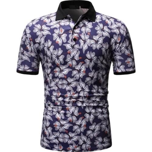 Spring and Summer Mens Casual Print Flowers T-Shirt Mens Short-Sleeved T-Shirt Lapel Casual Tops