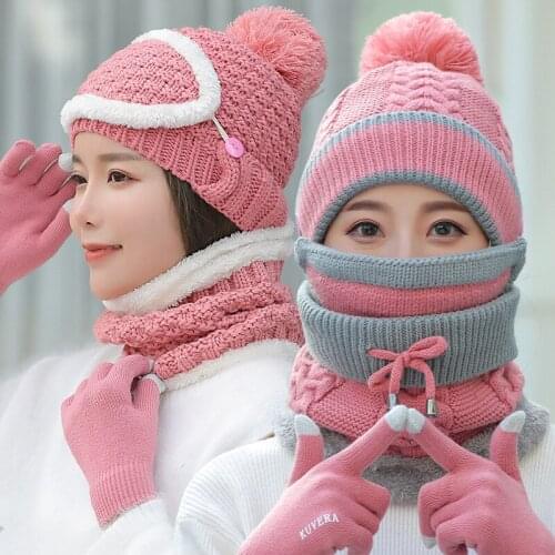 4Pcs Winter Outdoor Cycling Beanies Hats for Women Girls Thick Plus Cap Warm Knitted Hat with Mask Neck Scarf Gloves Xmas Gifts