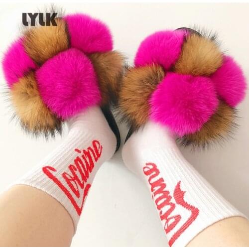Wholesale Luxury Fluffy Plush Sandals Women Real Colorful Fox Fur Slippers Female Beach Casual Flip Flops Girls Hairball Slides