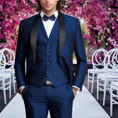 Blue Tuxedos Mens Suits Men 3 Pieces Formal Prom Blazer Shawl Lapel For Wedding Groom Man ( Jacket+Vest+Pants) Dinner Party
