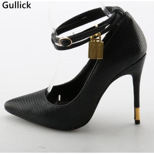 Fashion Black cobra Leather double Buckle Pumps pointed Toe Slip on Thin and High Heels Stiletto