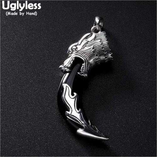 Uglyless 100% Real Solid 990 Full Silver Handmade Wolf Pendants Chalcedony Tooth Necklaces NO Chains Men Punk Fine Jewelry Black