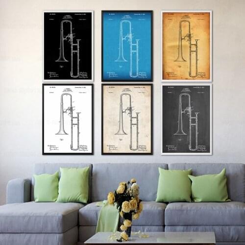 Vintage Slide Trombone 1902 Patent Wall Music Blueprint Poster Canvas Painting Print Wall Décor Living Home Art