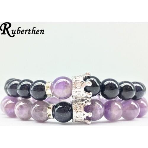 Ruberthen High Quality Powerful Crown Charm Bracelet Natural Amethy-st Blue Sand Stone Bracelet Women`s Yoga Balance Jewelry