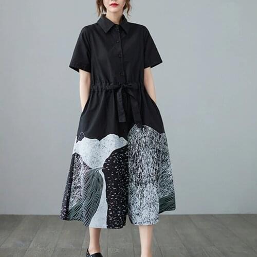 Japanese Yamamoto Dark Style Street Fashion Girls Black Blouse Dress Cotton Print Draw String Women Travel Casual Summer Dress