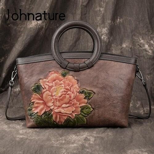 Johnature Genuine Leather Luxury Handbags Women Bag 2021 New Retro Nature Cowhide Handmade Embossing Shoulder & Crossbody Bags