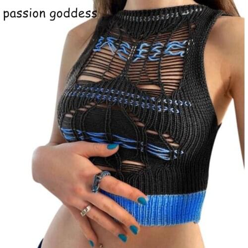 New Spring Summer 2021 Women Sexy Cotton Knitted Short Tank Tops Sleeveless Streetwear Hole Crop Top Ladies Vest Black White
