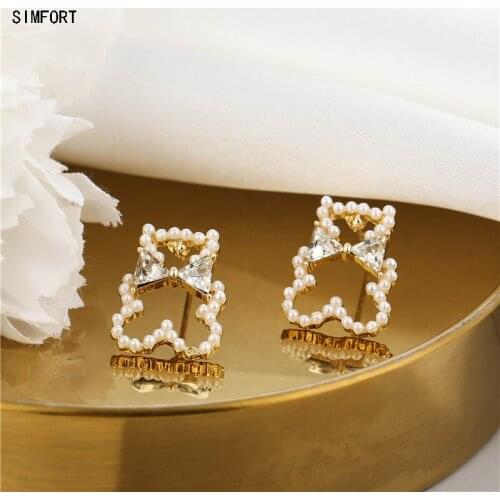 Womens 925 Silver Pin Earring Bear Cute Pearl Ear Clip Without Pierced Ears Simple Personality Alloy Decoration Jewelry Gift