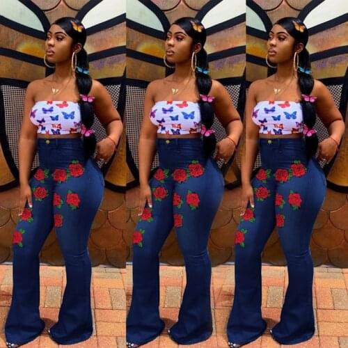 Large Size Womens Stretch High Waist Jeans Fashion Bootcut Trousers