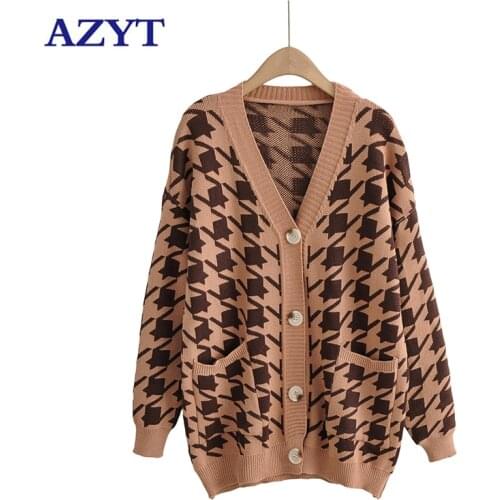 AZYT Autumn Loose V Neck Knit Cardigan Female Casual Buttons Plaid Sweater Women Jacket 2021 New Front Pocket Knitwear Cardigan
