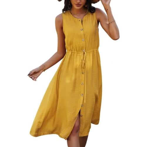 80%HOTLadies Dress Button Placket Loose Simple Women Round Neck Solid Color Dress for Beach