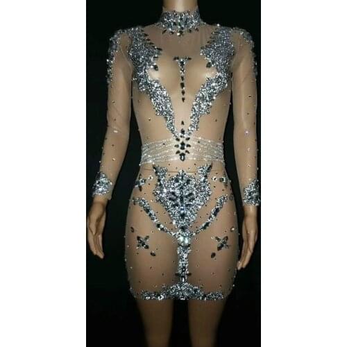 New Sexy Mesh See Through Luxury Crystals Diamonds Dress Women Evening Prom Party Dresses Celebrity Birthday Outfit Stage Wear