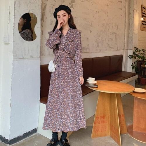 Oversized Autumn Ladies Dress 2021 New Long Sleeve Women Dresses Chiffon OL Robe Ruffles Print Flowers Elegant Vestidos KE82