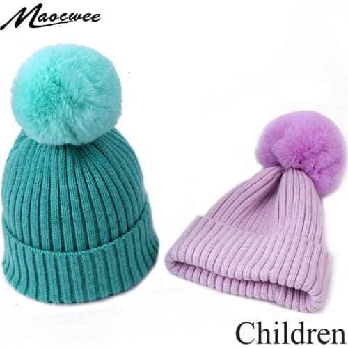 Winter Pompom Hat For Kids Knited Beanie Warm Baby Hat For Children Outdoor Crochet Hats Girls Boys Cap Cute Solid Color Bonnets
