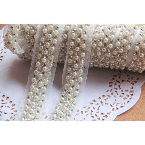 2Yards 2cm Pearl Rhinestone Beaded Lace Trim Mesh Fabric Wedding Lace