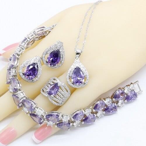 925 Silver Jewelry Sets For Women Purple Zircon Bracelet Hoop Earrings Necklace Pendant Rings