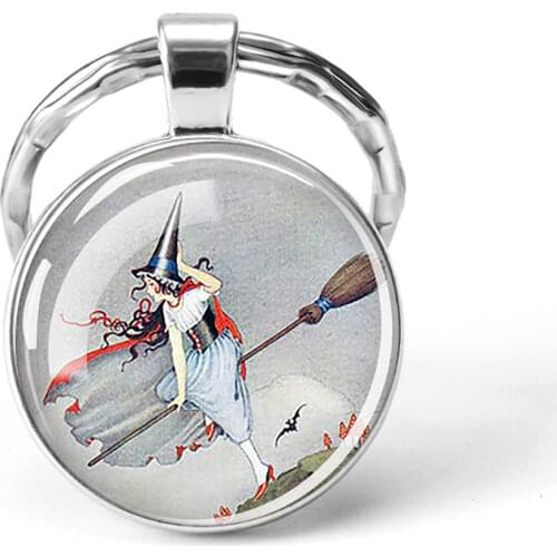 Broom Ride Keychain Cabochon Kering Glass Witch Jewelry Samhain Jewelry Halloween Pendant, Halloween Jewelry Key Chain Ring Gift
