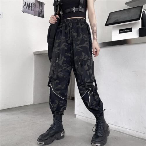 HOUZHOU Techwear Pocket Harajuku Cargo Pants High Waist Jogger Tracksuit Pant Women Zipper Camouflage Harem Trouser Streetwear