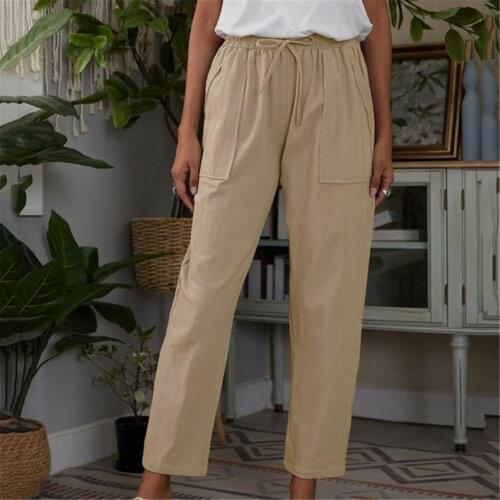Women Pants Summer Cotton Linen Breathable Casual Elastic Drawstring Loose Trousers Simple Beach Joggers Pants XXXL