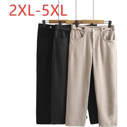 New ladies autumn winter plus size cropped pants for women large loose casual woolen pocket straight khaki trousers 3XL 4XL 5XL