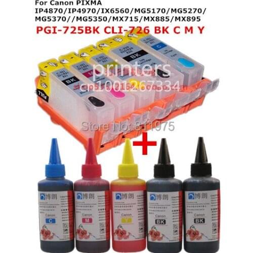For CANON PIXMA IP4870 IP4970 IX6560 MG5170 MG5270 MG5370 PGI-725 refillable ink cartridge+ 5 Color Dye Ink 100ml each bottle