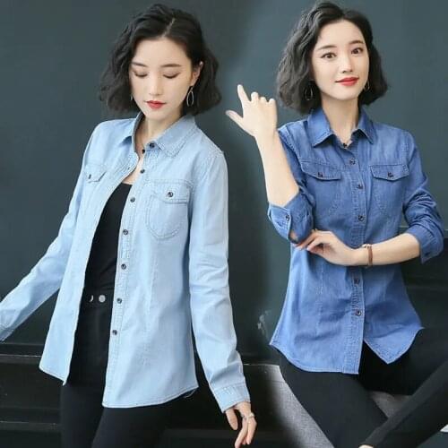 Jeans Shirt women 2021 Spring Autumn Long Sleeve Slim Casual Vintage Thin Ladies Denim Shirts Tops Woman Blouses and Tops A835