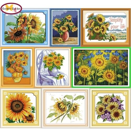 GG Sunflower Pattern Painting Counted Print on Canvas 11CT 14CT Flower Cross Stitch Kit Embroidery Needlework Set for Home Decor