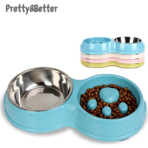 Pretty&Better Double Pet Dog Slow Feeder Bowl Stainless Steel Anti-choke Puppy Food and Water Feeder for Dog Cats Pet Feeder