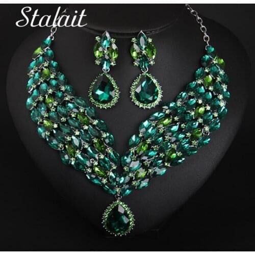 Statement Big Water Drop Champagne Crystal Necklace Earrings Bridal Jewelry Sets Full Crystal Wing Shape For Women Bride Jewelry