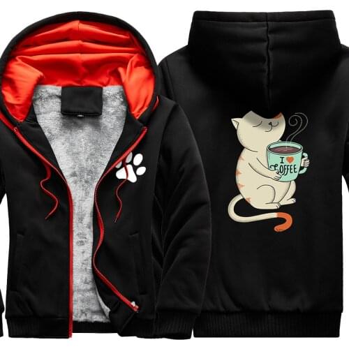 Cat Printing I love Coffee Camouflage Men Raglan Thicken Jackets Fashion Sweatshirts Casual Harajuku Tops Keep Warm Winter Homme