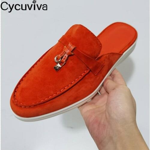 High Quality Suede Half Slippers Women Spring Mules Shoes Metal Decor Ladies Slides Thick Sole Casual Flat Shoes Woman