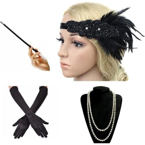1920s Great Gatsby Party Costume Accessories Set 20s Flapper Feather Headband Pearl Necklace Gloves Cigarette Holder 4 Pcs Set