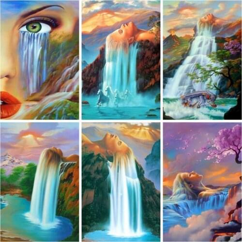 Huacan 5D Diamond Art Painting Kits Woman Waterfall Diamond Mosaic Embroidery Landscape Modular Pictures Decoration For Home