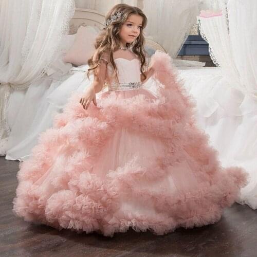2020 New Pink Ball Gown Flower Girl Dresses Illusion Neck Short Sleeves Floor Length Tulle Tiered First Communion Dress Girls Pa