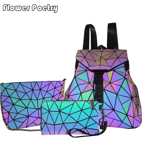 2021 New Women Backpack Set Luminous Geometric Backpacks School Sequin Bags For Ladies Bagpack Reflective Holographic Schoolbags
