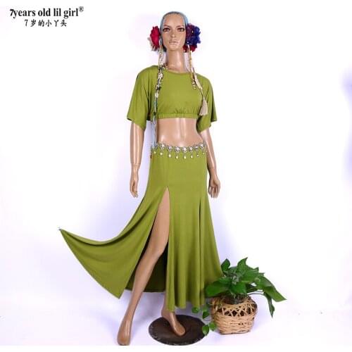 New Sexy Modal Rayon Cotton Short Sleeves+2pcs Practice Suit For Women Belly Dance Set TopDJJ05+Skirt