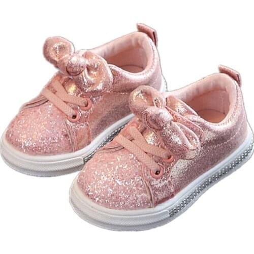 1-3 Years Kid Girls Child Soft Sole Sports Shoes Baby Infant Sequined Bow Casual Training Shoes Gold Silver Pink