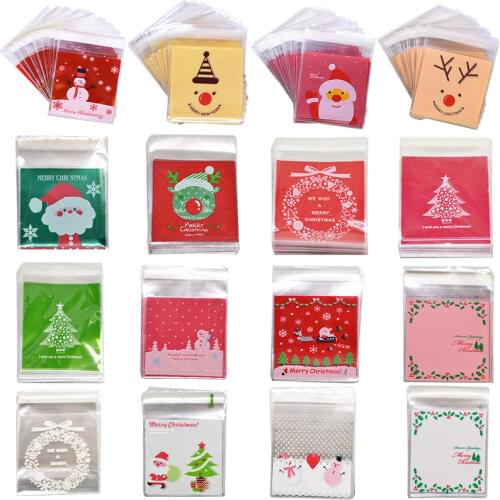 50Pcs 10x10cm Christmas Tree Santa Claus Christmas Candy Bag Self-adhesive Plastic Bags For New Year Christams Cookie Packaging