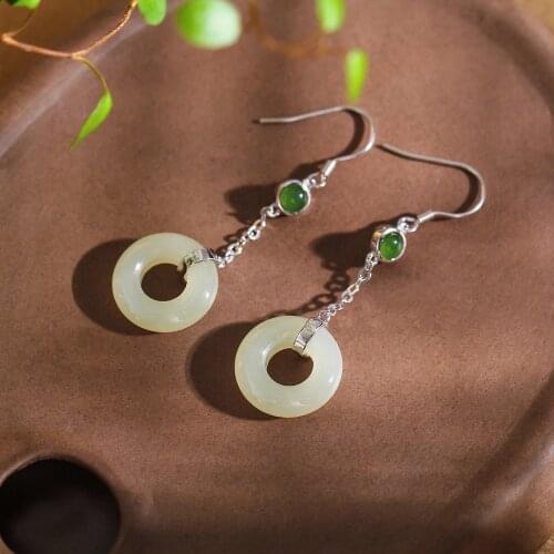 S925 Sterling Silver Ornament Fashion Lady Hetian Jade Ear Pendant