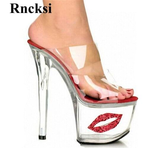 Rncksi Women New Pole Dance Sexy Red Kiss Fashion 17cm High-Heeled Shoes Plus Size Slippers Shoes Hand Made High Heel Shoes