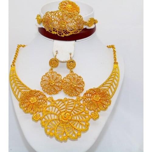 24k gold color Big Flowers Luxury Dubai Jewelry Sets of women African Habesha Necklace bangles Earrings Ring sets Wedding gifts