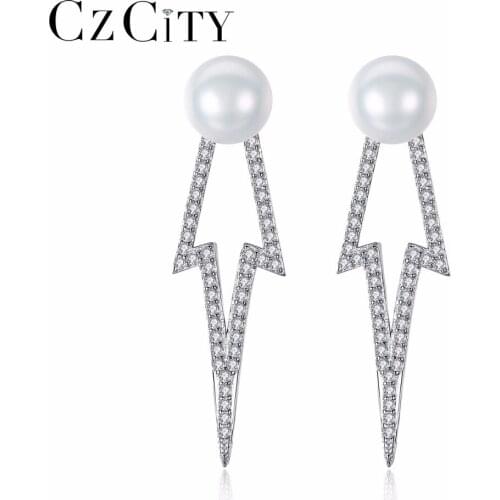 CZCITY 925 Sterling Silver Big Stud Earring Vintage Style Tiny CZ Lovely Pearl Earrings for Women Party Gift Fine Jewelry