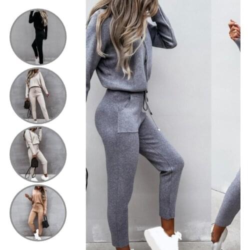 1 Set Popular Sweatshirt Sweatpants Set Elastic Waist Drawstring Sporty Solid Color Drawstring Hoodie Pants Set