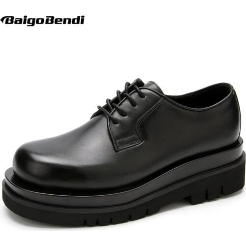 Men Pure Black Flatform High End Thick Heel Lace-up Height increase Shoes TRENDY Boys Cool Leather Shoes PICK ME