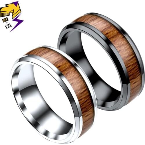 Vintage Brown Wood Rings Mens Black Stainless Steel Signet Rings Modis Woodiness Finger Anillos Gifts for Men Women Jewelry